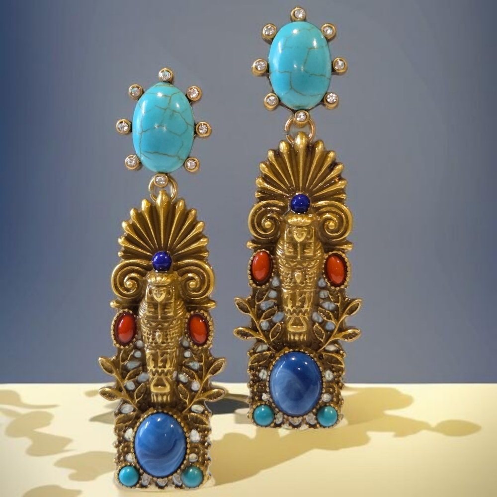 Antique Gold Egyptian Revival Pharaoh Cabochon Crystal Earrings - Picture 5 of 5